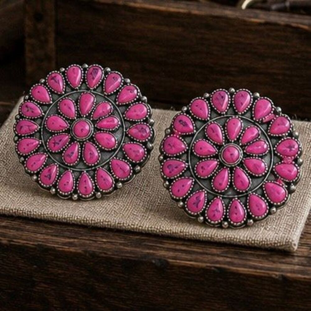 Hot Pink Cluster Work Concho Western Style Flower Earrings